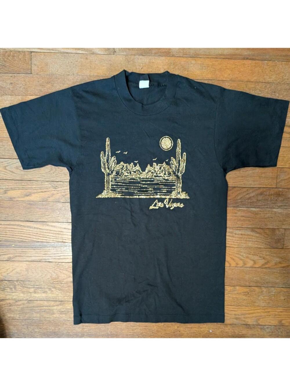 1980s Diamond Dust Las Vegas Gold Glitter Cactus Single Stitch Tee Size M